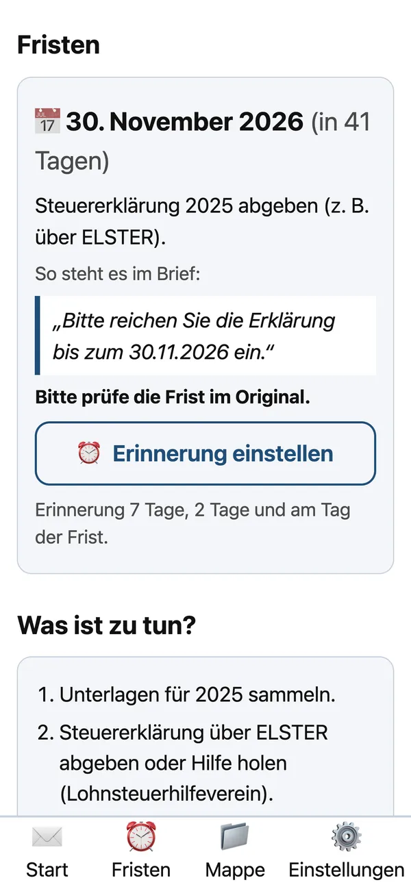 Brief-Erklärer: erkannte Frist 30. November 2026 mit wörtlichem Zitat aus dem Brief und Knopf „Erinnerung einstellen“.